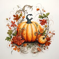 Autumn arrangement with pumpkin on isolated background.