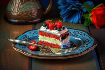 Slice of delicious fresh berry cake, AI Generated