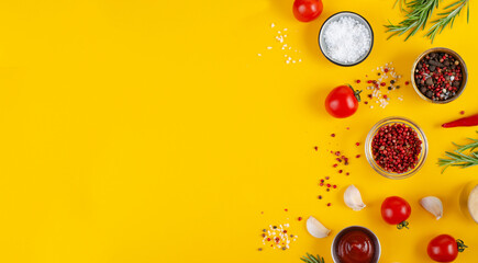 Cooking Concept with Spices and Vegetables on Yellow Background, Vegetarian Food, Background for Recipes, Top View