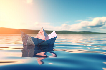 Obraz premium paper ship at sea rendering minimal background