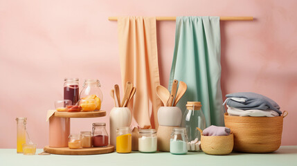 Fototapeta na wymiar A colorful, minimalist, abstract representation of a sustainable, zero - waste kitchen with bamboo utensils, cloth bags, and glass jars, pastel tones