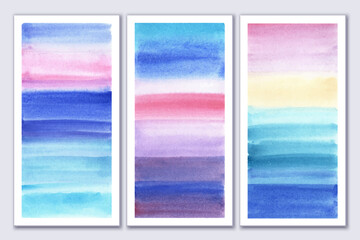 Set of watercolor soft gradient art posters. Wall canvas design. Abstract landscape. Sea, ocean view, sky. Calm bright colors. Interior art.