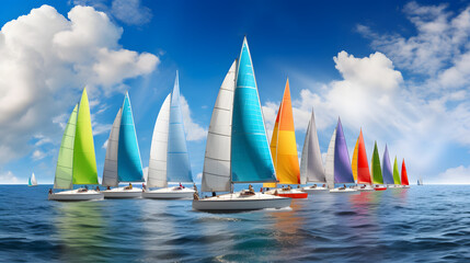 An image of a sailboat regatta with colorful sails set against the bright blue ocean. - obrazy, fototapety, plakaty