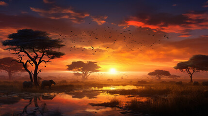 Obraz na płótnie Canvas Glorious sunrise over a vast savannah, acacia trees dotting the horizon, herds of animals beginning their day