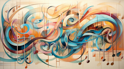 Visual synthesis of musical notes in an abstract form, blending harmoniously like a symphony, with soft pastel colors