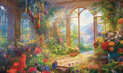 Fototapeta premium a painting of a garden with flowers and a cat in the window. generative ai