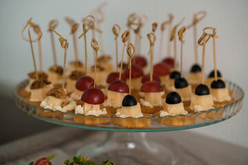 Canapes with ham, cheese, cucumber and olives. Festive buffet