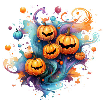 Watercolor Pumpkins Clip Art a mesmerizing depiction of floating pumpkins in a whimsical garden, vibrant flowers and lush foliage surround the pumpkins, Generative Ai