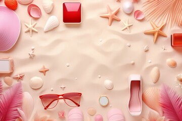 Fototapeta premium Beach themed frame with Holiday Vacation Elements with space for text - Generative AI