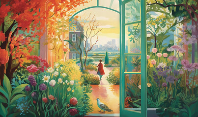  a painting of a woman walking through a garden with a bird.  generative ai