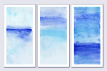 Set of blue watercolor soft gradient art posters. Wall canvas design. Abstract landscape. Sea, ocean view, sky. Calm bright colors. Interior art.
