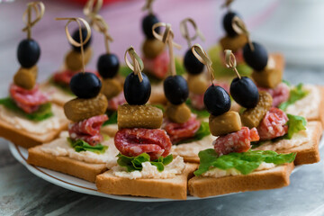 Canapes with ham, cheese, cucumber and olives. Festive buffet