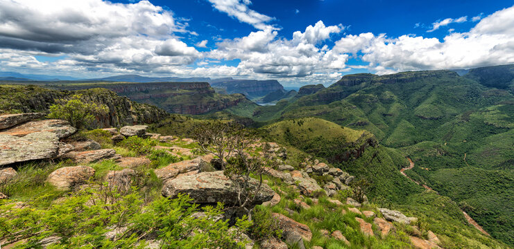 Panorama View of the highveld and the Blyde River Dam in the Blyde River Canyon Reserve, along the Panorama Route in Mpumalanga Province of South Africa