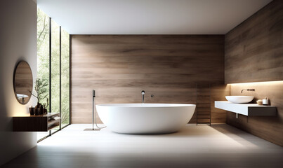Obraz na płótnie Canvas a large white bath tub sitting in a bathroom next to a sink. generative ai