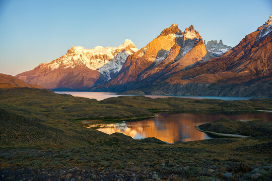 Epic sunrise over the cuernos in Torres del Paine National Park