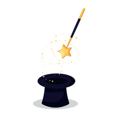 Magic wand with stars sparks above black magic hat. vector illustration in flat design.