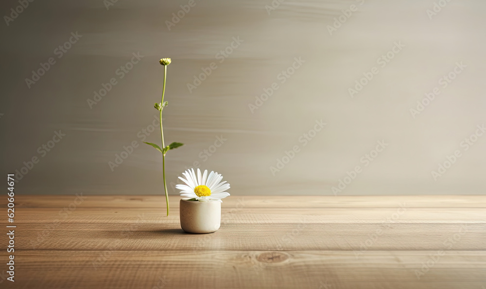 Poster a small white vase with a flower in it on a table. generative ai