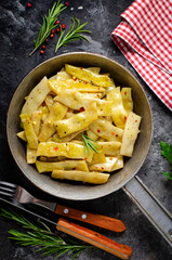 Cooked Yellow Beans, Long Beans in a Skiller over Dark Background, Tasty Vegetarian Meal