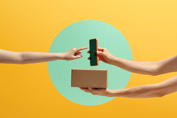 concept for delivery service, receiving package from courier