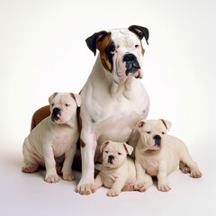American bulldog dog with puppies close up portrait isolated on white background. Brave pet, loyal friend, good companion, generative ai