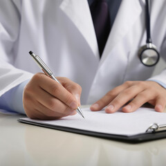 Doctor in white coat with phonendoscope writes out prescription on blank, doctor's appointment, medical care, close-up, generative ai