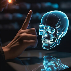 Hologram of human skull glows in dark and human hand, study of skull, medical research, scientific work, generative ai