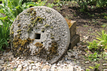 An Ornamental Moss Covered Stone Grinding Wheel.