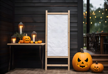 Halloween welcome signboard mockup with pumpkins and lanterns in the garden. Blank board with autumn holiday decoration with copy space. Generated AI.