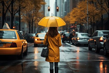 A girl with an umbrella in a yellow raincoat on the street with taxi cars in the background.