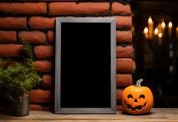 Halloween welcome signboard mockup with pumpkins and fallen leaves. Black board with autumn holiday decoration with copy space. Generated AI.