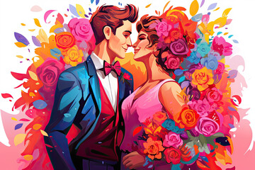 Illustration of a man and a woman in wedding clothes in a bright multicolored flower arrangement.