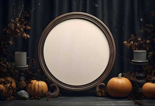 Halloween round sign mockup with pumpkins and fallen leaves on dark background. Wooden board with autumn holiday decoration with copy space. Generated AI.