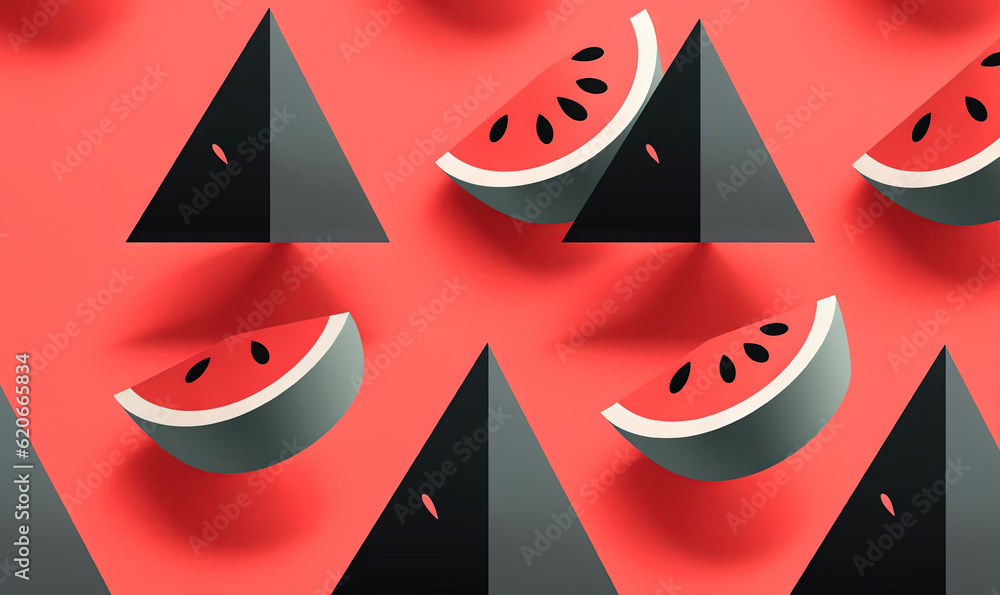 Poster slices of watermelon on a red background with black triangles. generative ai