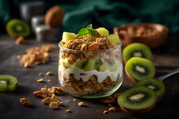 Yogurt granola parfait with sliced nuts and fresh kiwi fruits in a glass jar on dark background. Generative AI.