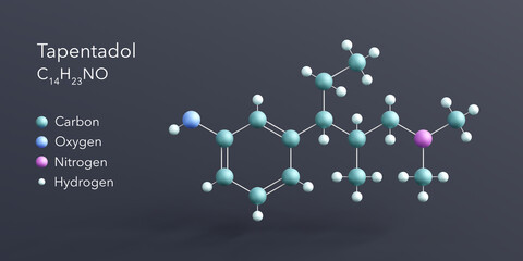 tapentadol molecule 3d rendering, flat molecular structure with chemical formula and atoms color coding