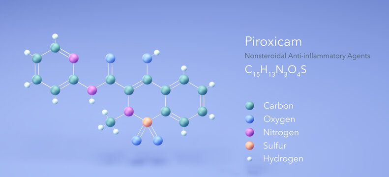 piroxicam molecule, molecular structures, nonsteroidal anti-inflammatory agents, 3d model, Structural Chemical Formula and Atoms with Color Coding