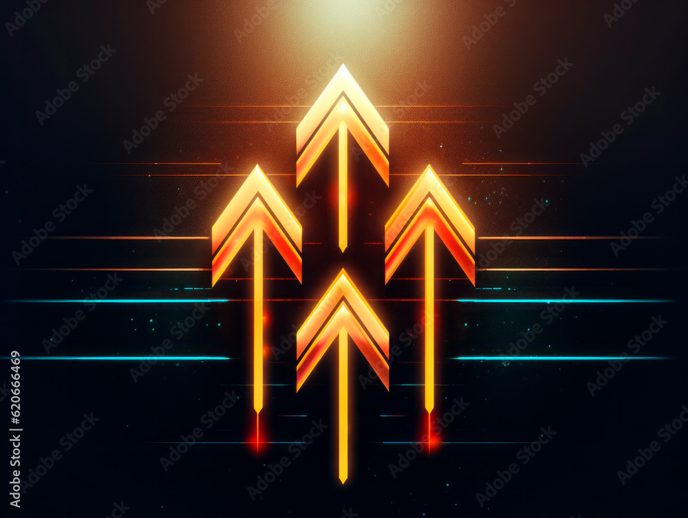 Poster four arrows pointing up on a dark background, the concept of success and growth. generative ai
