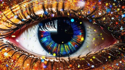Human eye with gorgeous makeup. Detailed iris. Digital art. Generative AI. Illustration for banner, poster, cover or presentation.