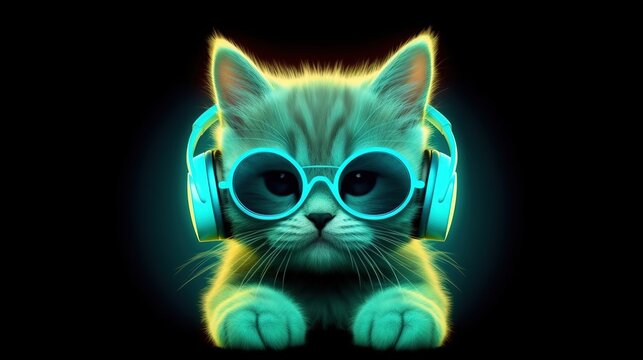 Cool cat in headphones and sunglasses listens to music. Close portrait of furry kitty in fashion style. Generative AI illustration. Printable design for t-shirts, mugs, cases, etc.