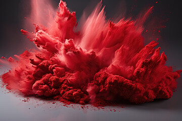 Immerse yourself in the vibrant explosion of bright red holi paint color powder against a white background, representing the festive and energetic spirit of the Holi festival. Generative Ai, Ai.
