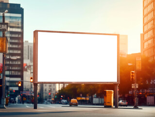 Blank white billboard on city streets background at sunset, mockup. Generative AI