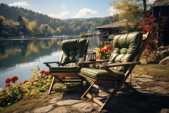 Settle into relaxation with camping chairs placed amidst nature, offering a comfortable and inviting space to unwind and enjoy the great outdoors. Generative Ai, Ai.