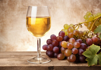 A glass of wine and grapes on light rustic background. Still life with wine and grapes. Generative AI