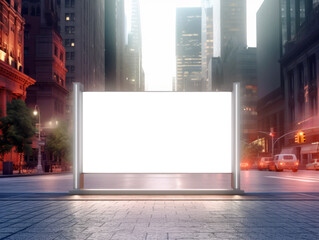 Front view of blank white advertising billboard on blurred city streets background at daytime, mockup. Generative AI
