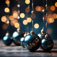 Fototapeta na wymiar Conceptual image of holiday illumination and decorations with Christmas garland bokeh lights set against a dark blue backdrop. Generative Ai, Ai.