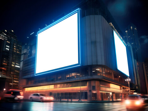 Blank White Advertising Billboard On A Office Building Wall At Night, Mockup. Generative AI