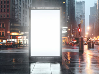 Front view of a blank white advertising panel at evening city street, mockup. Generative AI