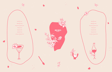 Drinks menu. Abstract forms, stylized images of glasses for wine, coffee, cocktail. Lines and abstract design elements. Vector template for menu, list, banner, booklet, flyer. Creative hand drawing