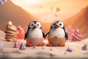 penguins and fresh ice cream rendering minimal background