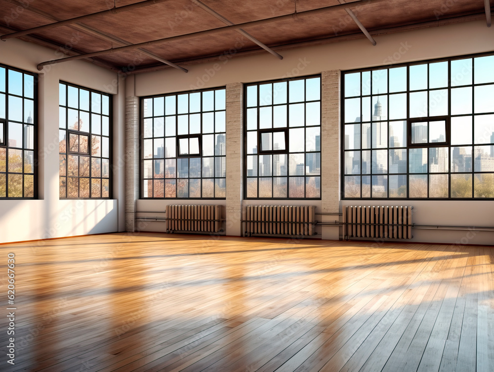 Poster perspective view of empty loft interior room with wooden floor and large windows. generative ai